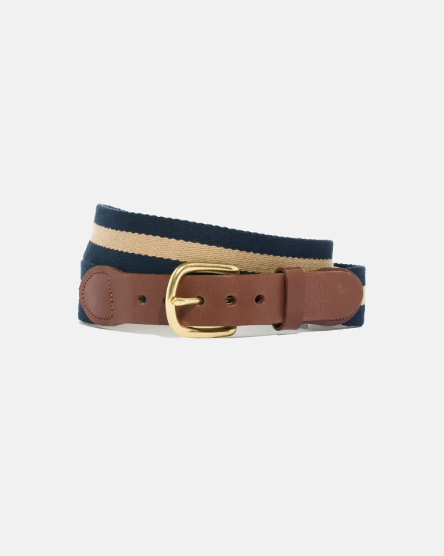 Made-in-USA Navy & Khaki Striped Smooth Belgian Wool Surcingle Belt sold by J. Press