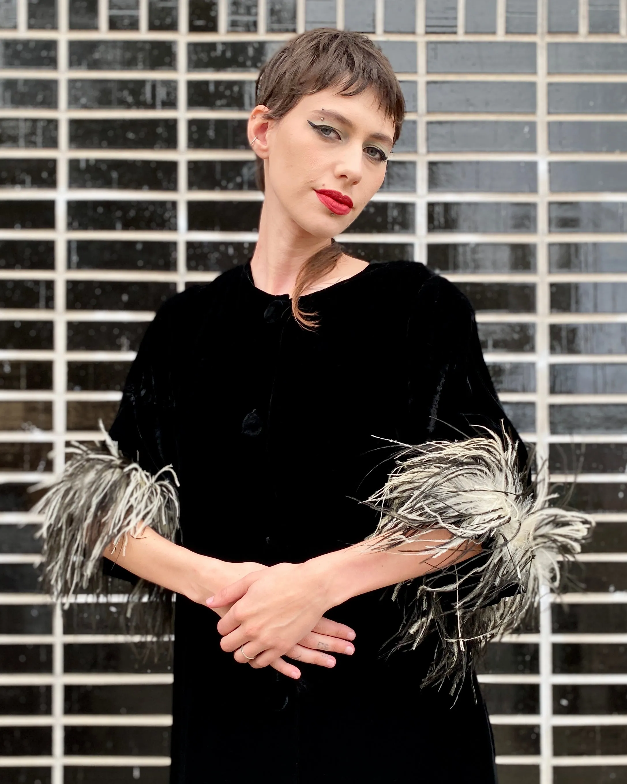 Old Glamour 60's Velvet Jacket With Feather Trim sold by Feathers Vintage product image thumbnail 2