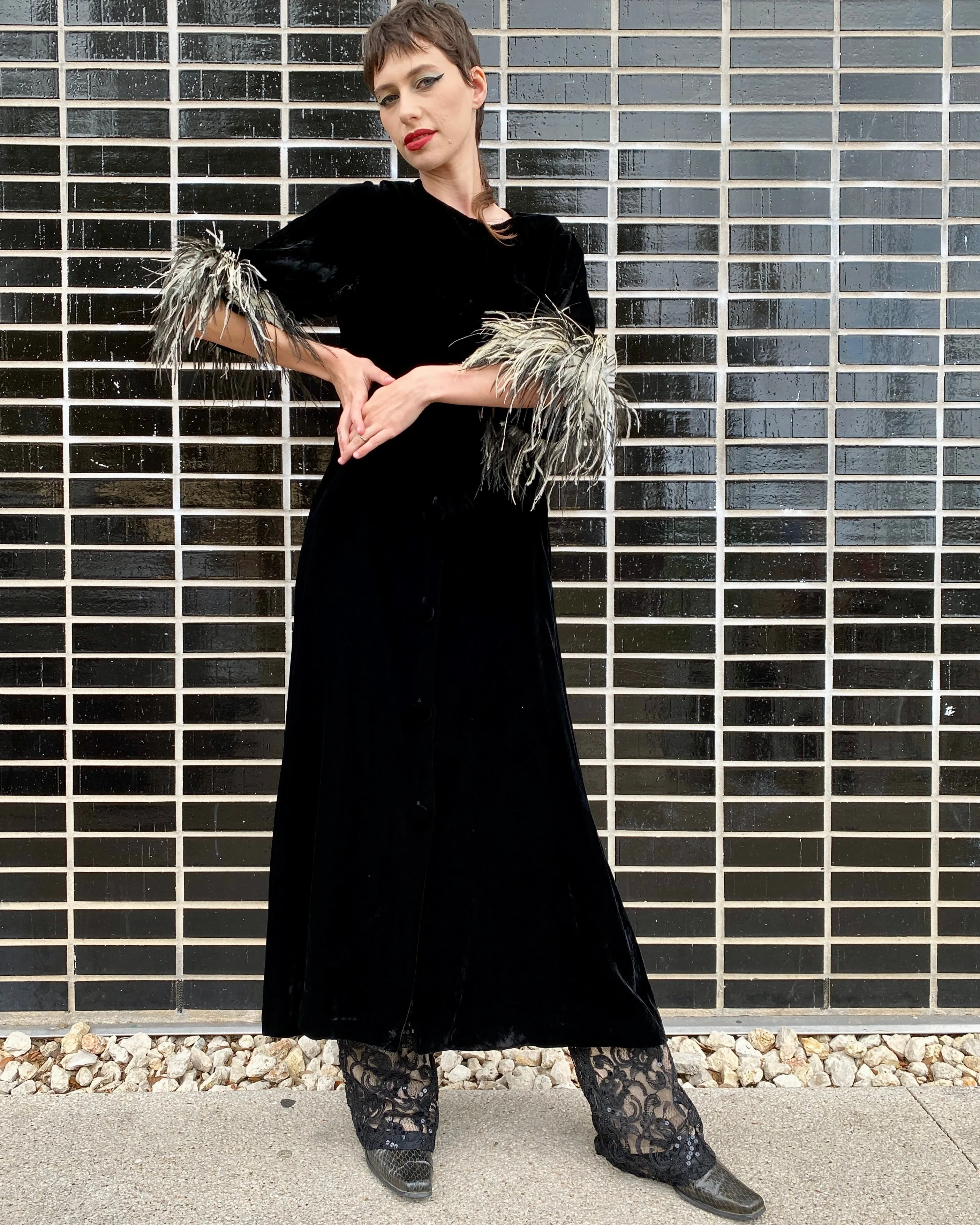 Old Glamour 60's Velvet Jacket With Feather Trim sold by Feathers Vintage product image thumbnail 3