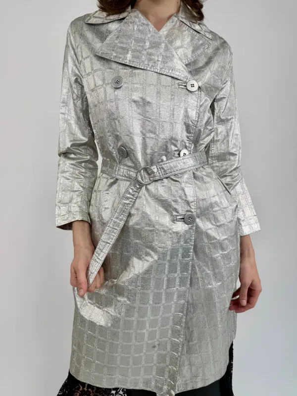 Space Age Silver Trench Coat sold by Feathers Vintage