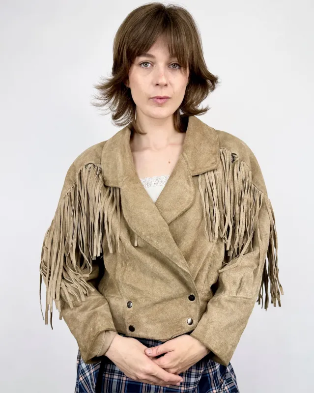 Tan Suede Fringe Jacket sold by Feathers Vintage