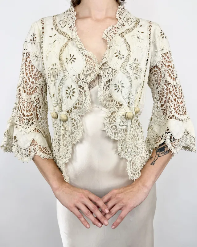 Delicate Edwardian Linen Lace Jacket sold by Feathers Vintage