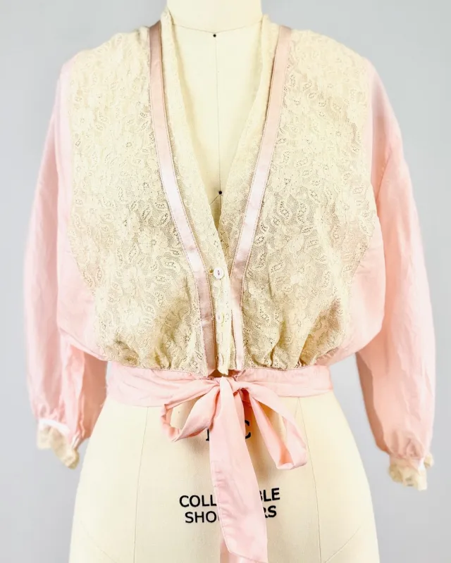 Petal Pink 1930's Satin & Lace Bed Jacket sold by Feathers Vintage