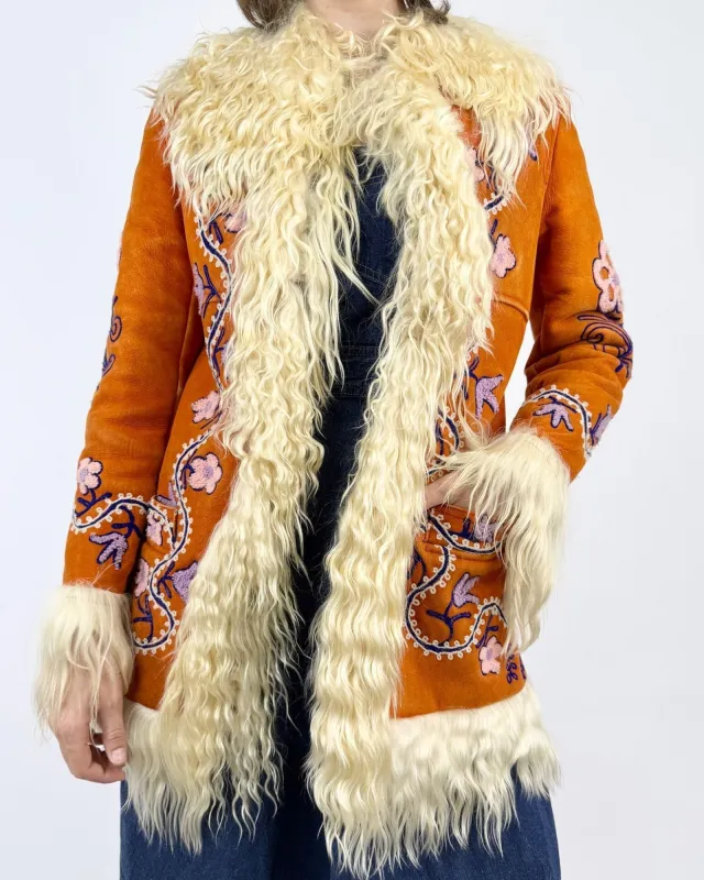 Falling Leaves Afghan Suede Shearling Coat sold by Feathers Vintage