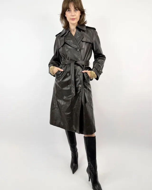 Cherbourg at Night Black Leather Trench Coat sold by Feathers Vintage