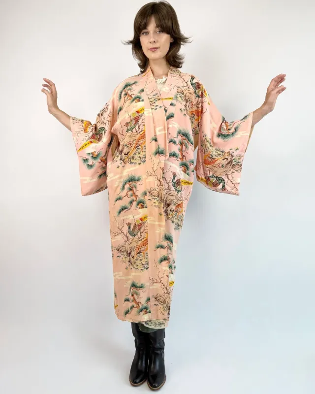 Open to Adventure Pink Pheasant Kimono sold by Feathers Vintage