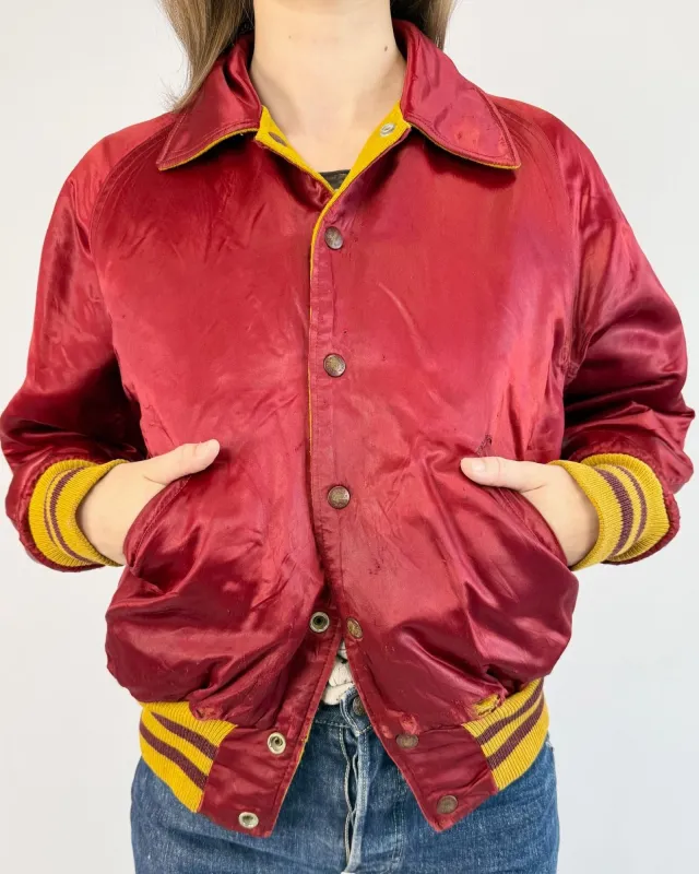 Reversible Maroon Mustard Letterman Jacket sold by Feathers Vintage