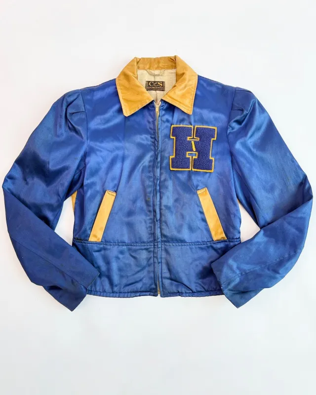 50s Gold and Blue Satin Letterman Jacket made by Feathers Vintage