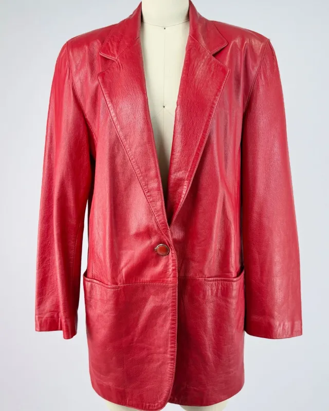 Red Longline Leather Blazer made by Feathers Vintage