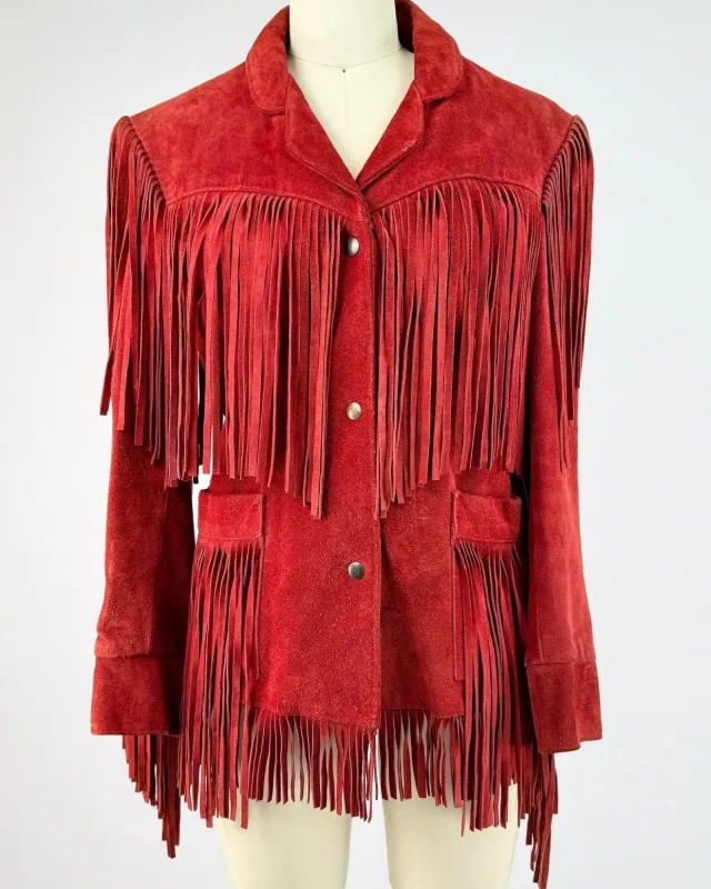 Vakko Suede Red Fringe Jacket made by Feathers Vintage