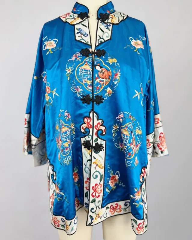 Turquoise Embroidered Silk Jacket made by Feathers Vintage