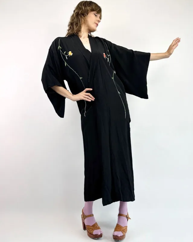 Through The Vines Black Embroidered Robe made by Feathers Vintage