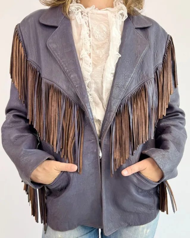 Purple Rain Fringe Leather Jacket made by Feathers Vintage