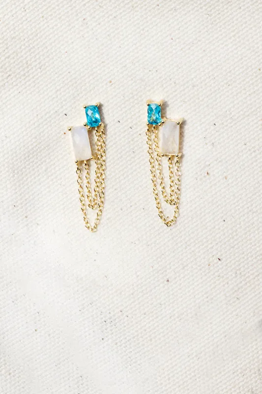 BESTIE BAGUETTE EARRINGS- RAINBOW MOONSTONE + PARAIBA sold by Native Gem