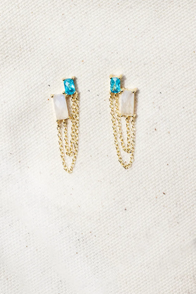 BESTIE BAGUETTE EARRINGS- RAINBOW MOONSTONE + PARAIBA sold by Native Gem