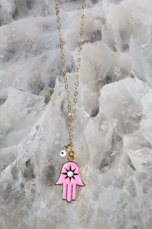 HAPPINESS HAMSA NECKLACE- BUBBLEGUM sold by Native Gem