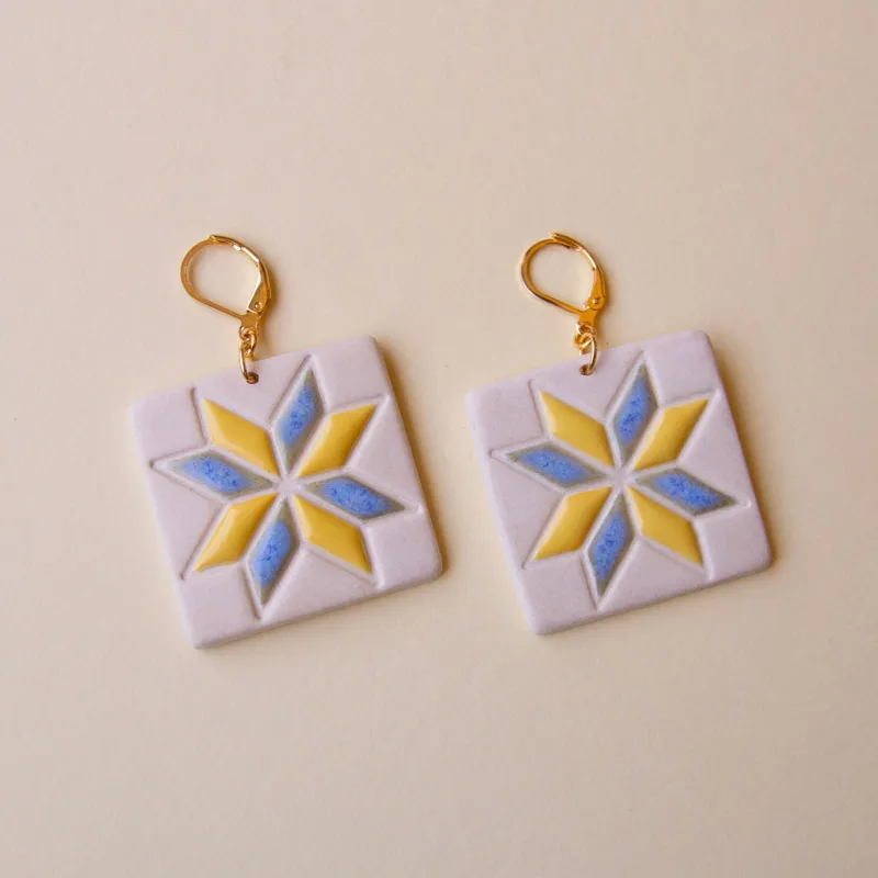 Quilt Square Earrings - Yellow/Blue sold by Meghan MacWhirter