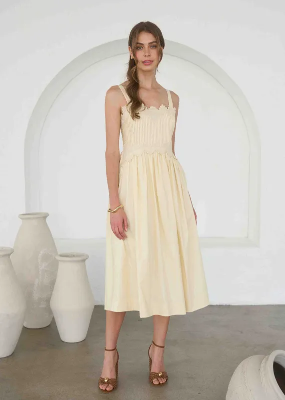 Maggie Embroidered Midi Dress - Butter Yellow made by Moon River