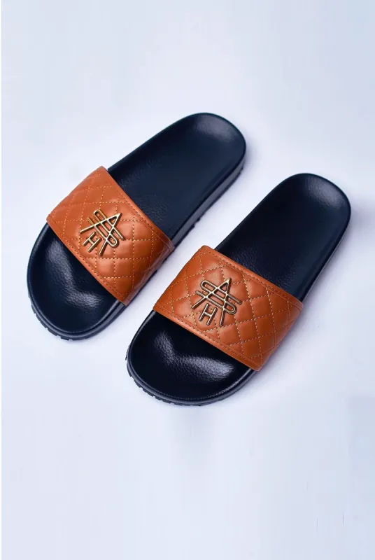 ASHLUXE Paradise Quilted Leather Slides-Brown sold by Ashluxe