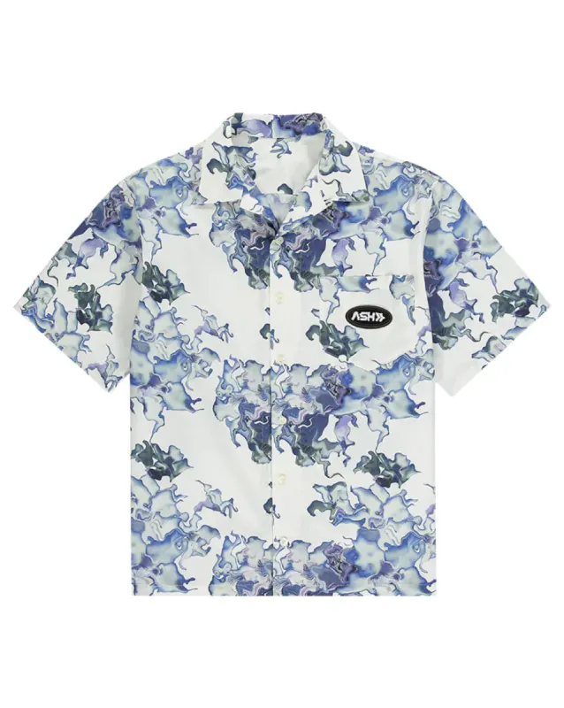 Printed S/S Bowling Flower Shirt - Blue sold by Ashluxe
