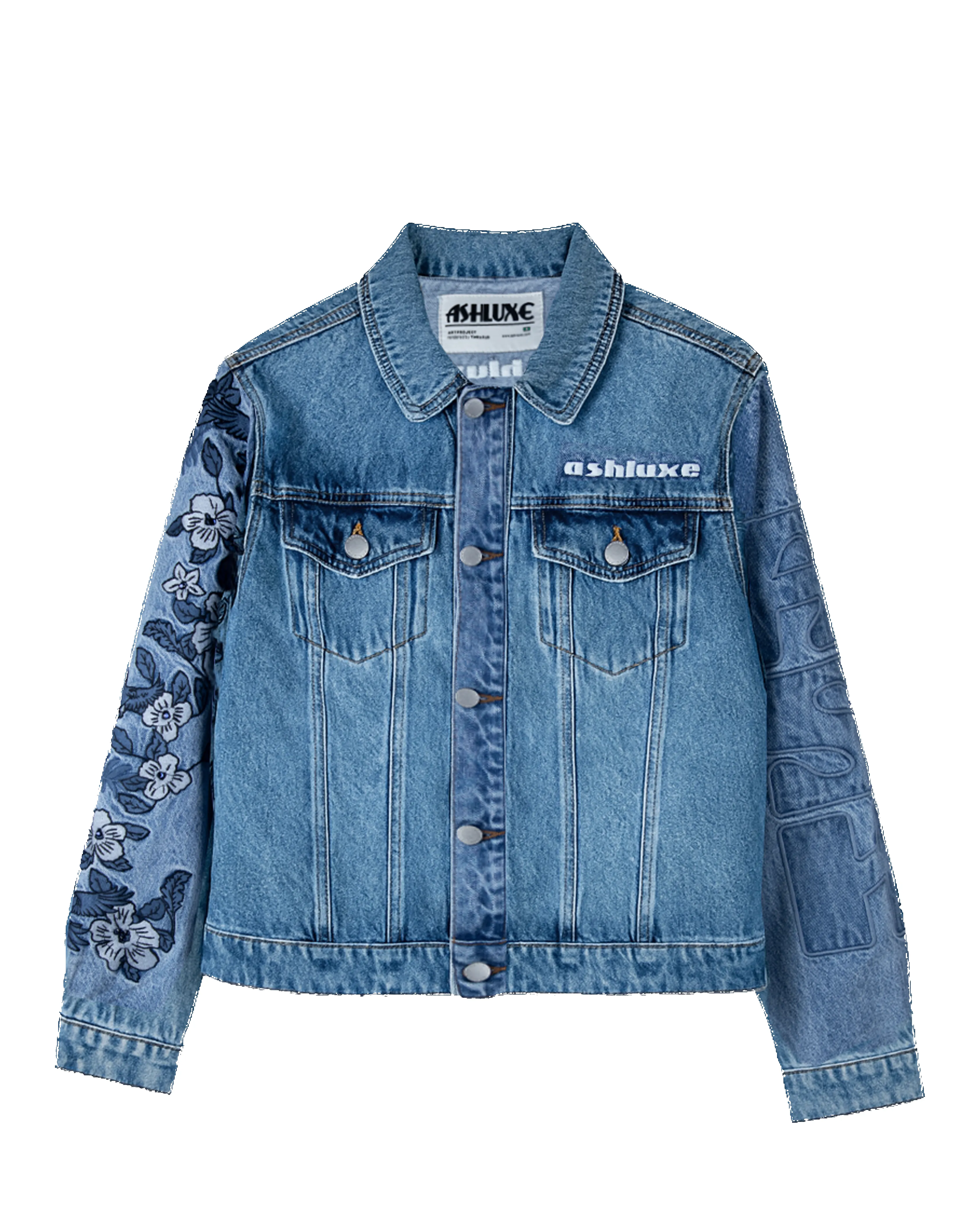 Ashluxe Flowery Sleeve Denim Jacket Blue sold by Ashluxe