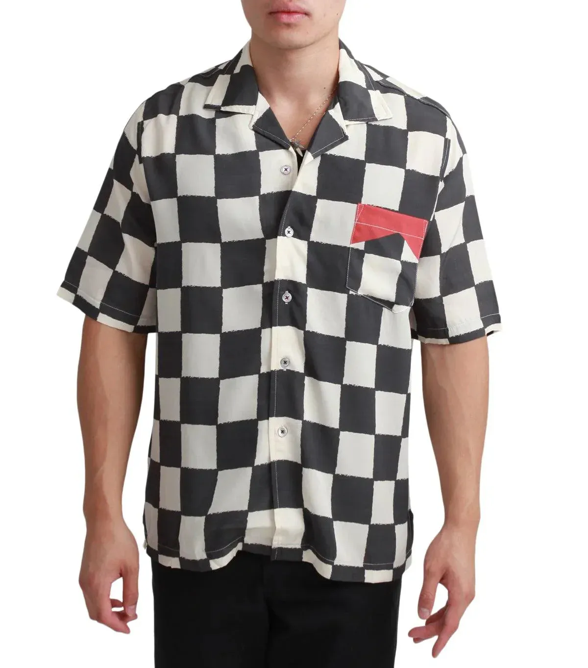 Rhude Silk Printed Broken Checker Shirt Ivory Black sold by Somewhere