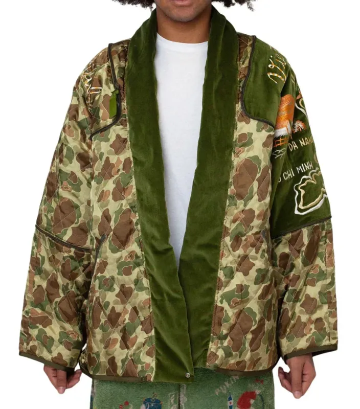 Kapital Rayon Satin Quilting Camo Kesa Sham Bomber Jacket (Beautiful Vietnam) Khaki made by Kapital
