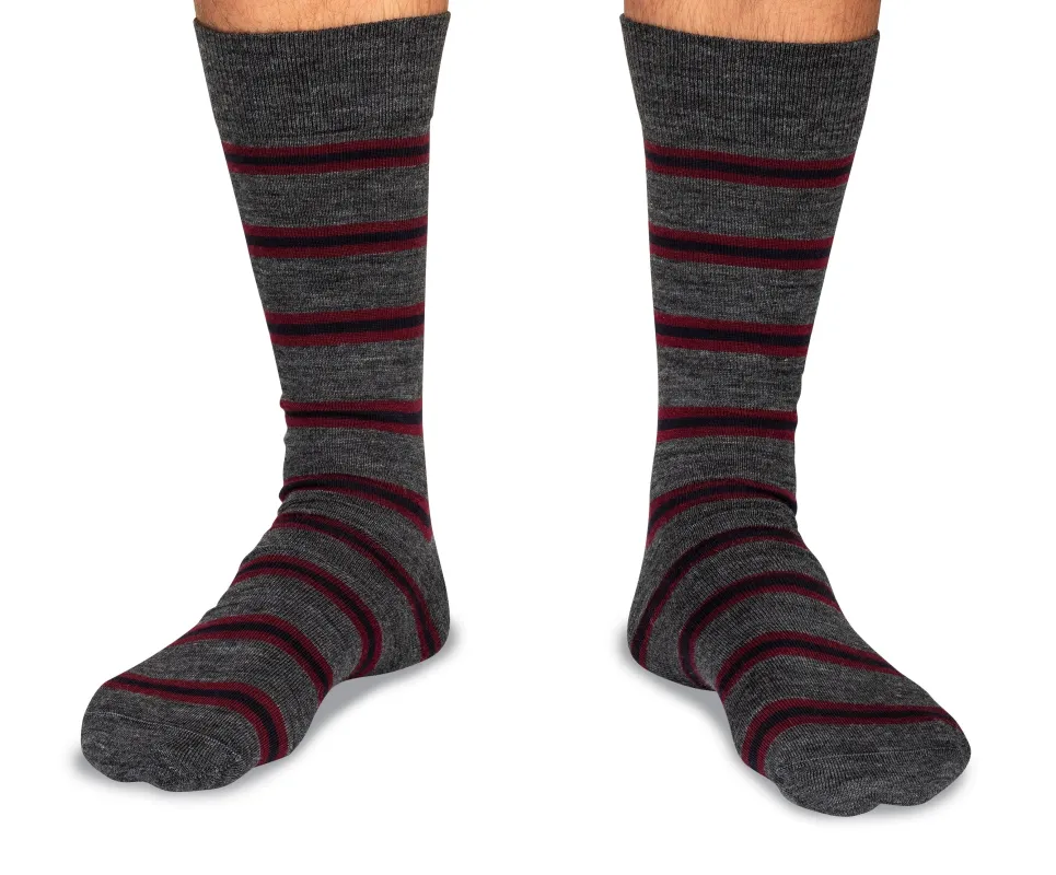 Mid-Calf Merino Wool Sock, Stripe, Heather Grey/Burgundy/Navy made by Rancourt & Co