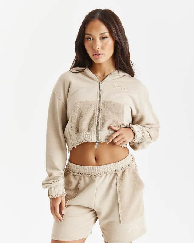 Collision Relaxed Cropped Zip Hoodie - Beige sold by Hoodrich