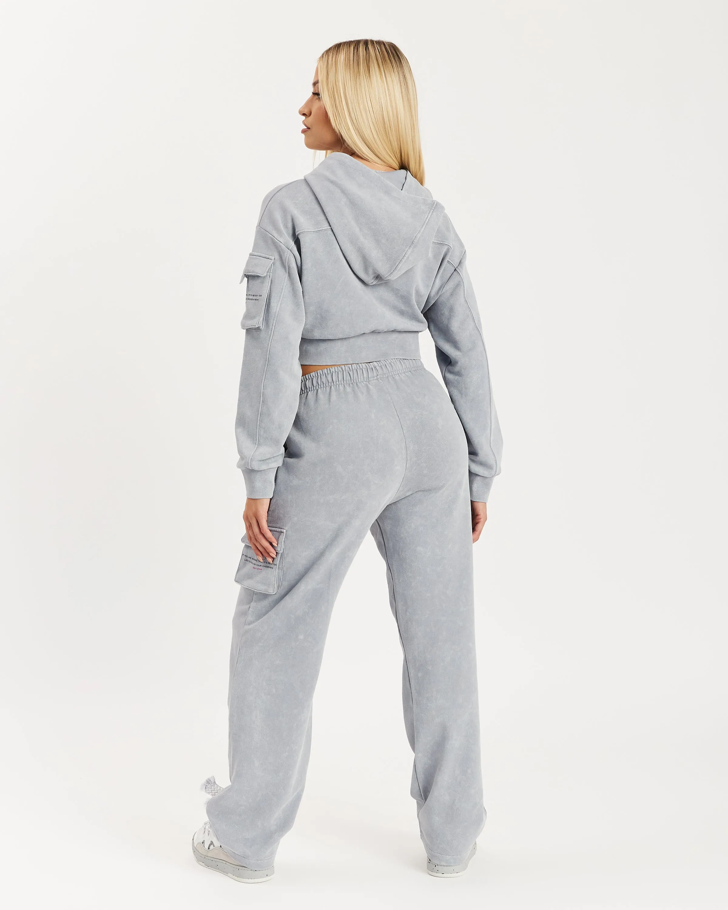 Peak Cropped Full Zip Hoodie - Grey Acid Wash/Cabaret sold by Hoodrich product image thumbnail 5