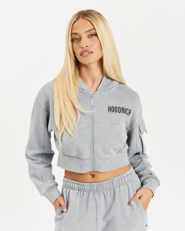Peak Cropped Full Zip Hoodie - Grey Acid Wash/Cabaret sold by Hoodrich