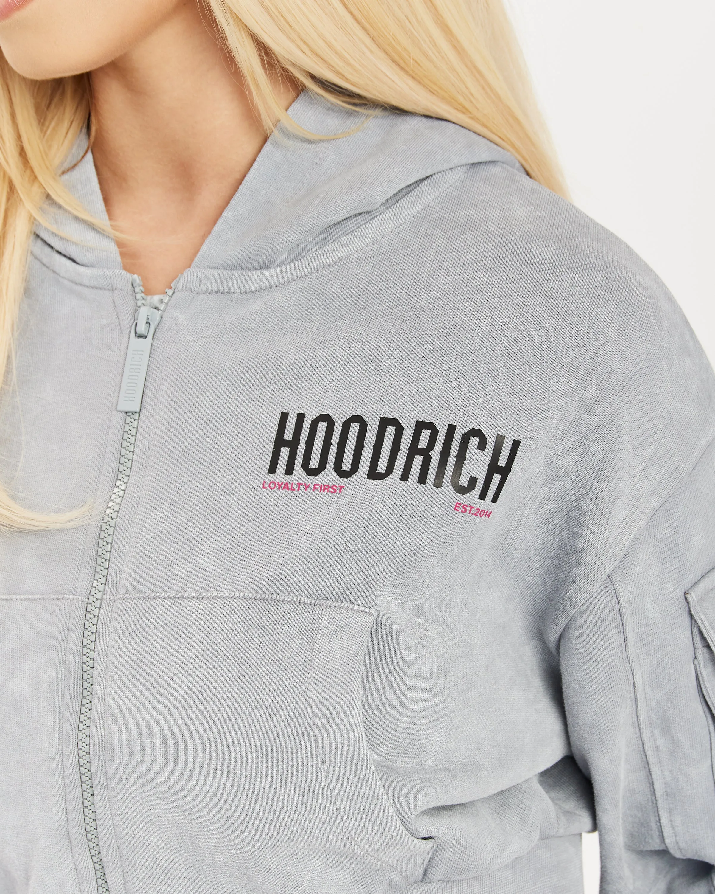 Peak Cropped Full Zip Hoodie - Grey Acid Wash/Cabaret sold by Hoodrich product image thumbnail 4