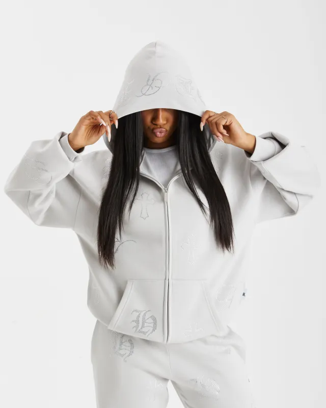 Crystal Oversized Zip Hoodie - Grey/Silver Rhinestone sold by Hoodrich