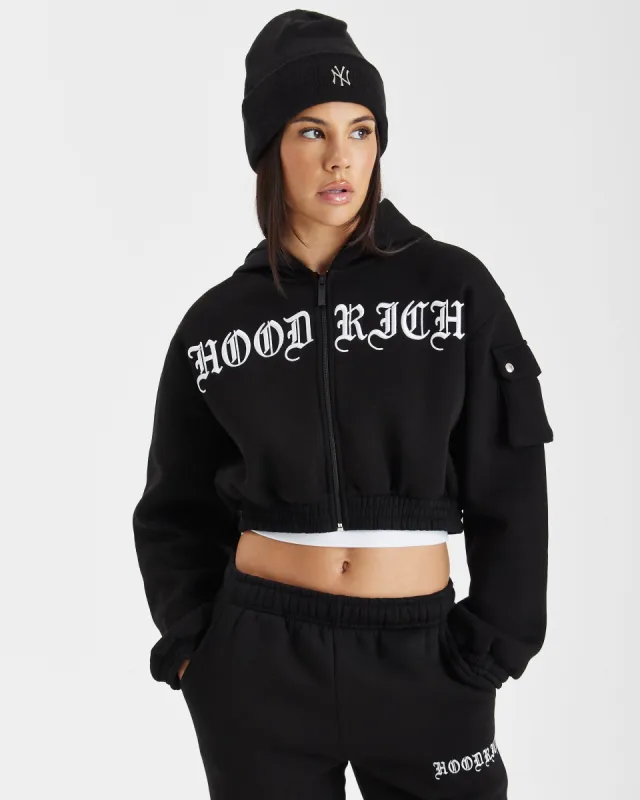 Dusk Relaxed Zip Cropped Hoodie - Black/White sold by Hoodrich