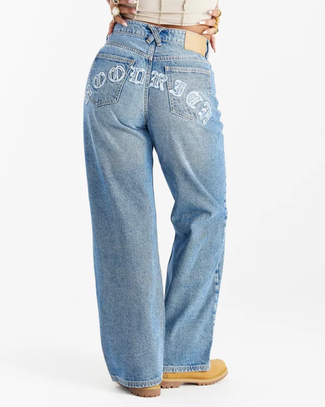Distressed Gothic Wide Leg Jeans - Blue Wash made by Hoodrich