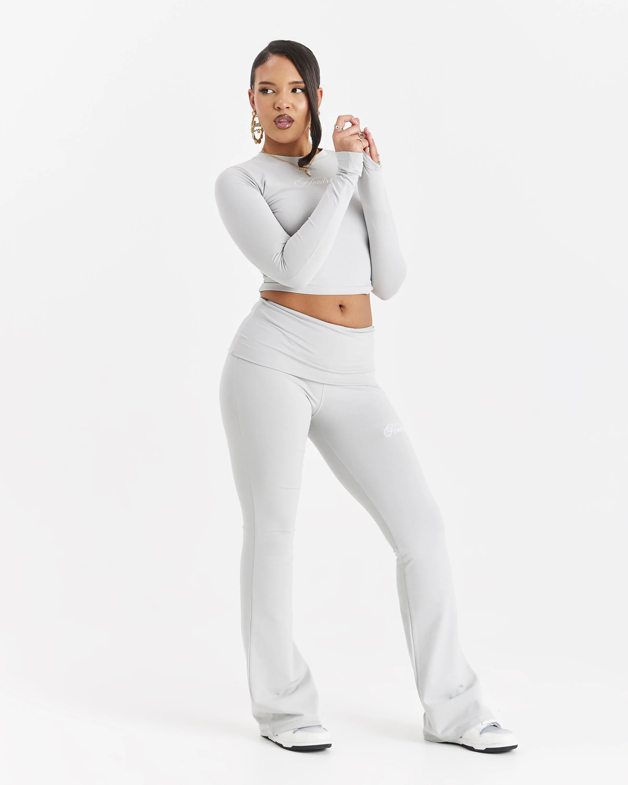 Poise Fold Waist Flare Leggings - Light Grey/White sold by Hoodrich product image thumbnail 4