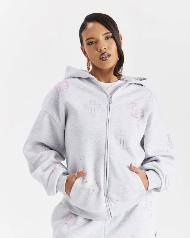 Crystal Zip Oversized Hoodie - Light Grey/Pink Rhinestone sold by Hoodrich