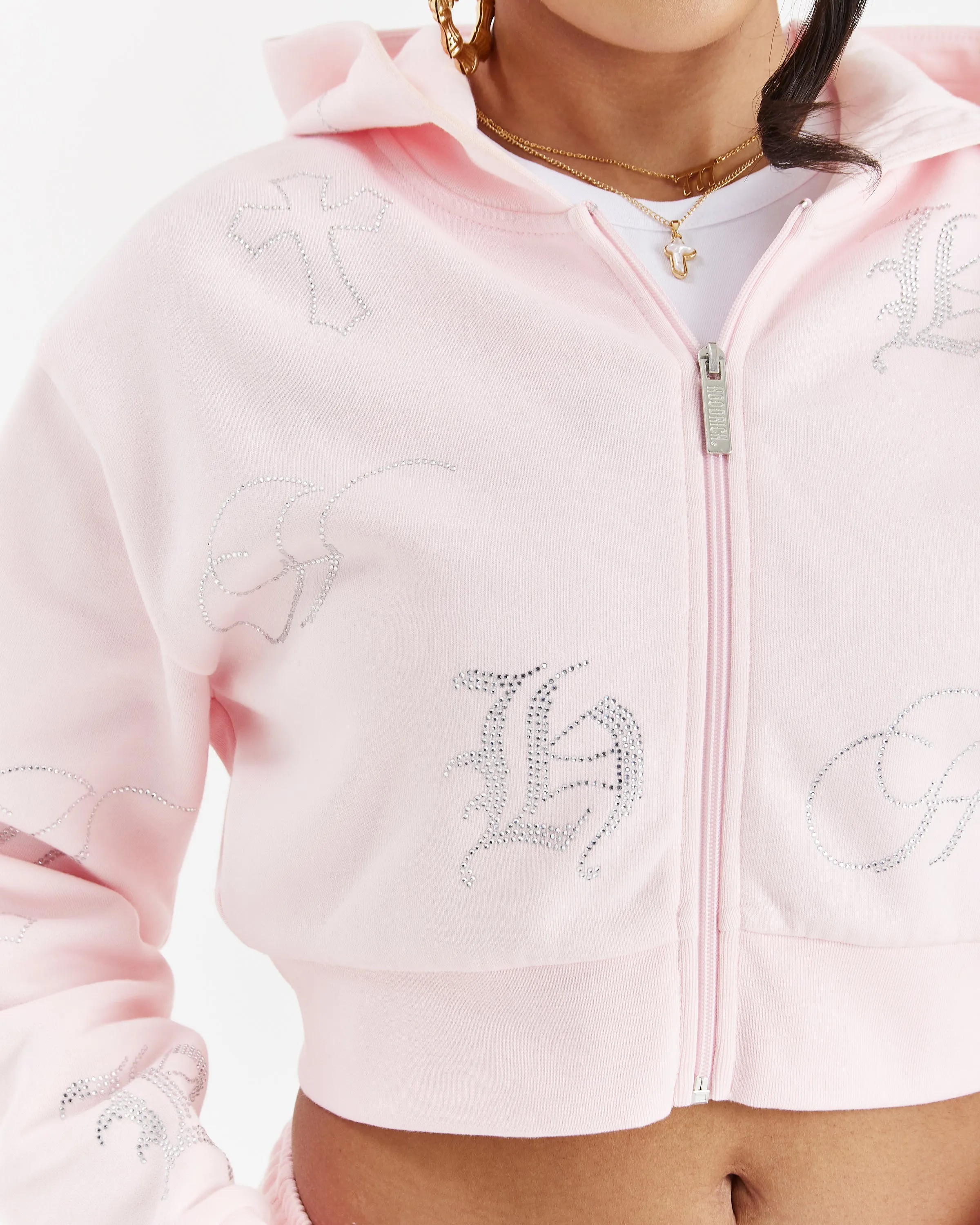 Crystal Cropped Zip Hoodie - Pink/Rhinestone sold by Hoodrich product image thumbnail 3
