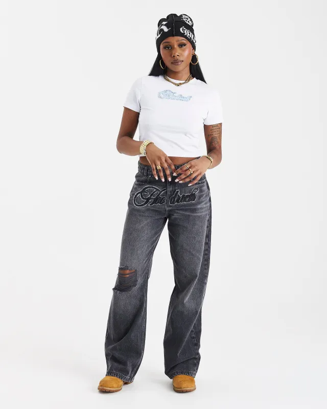 Script Wide Leg Jeans - Black Wash/White sold by Hoodrich