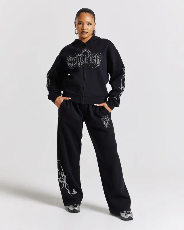 Diffuse Oversized Wide Leg Jogger  - Black/Rhinestones sold by Hoodrich