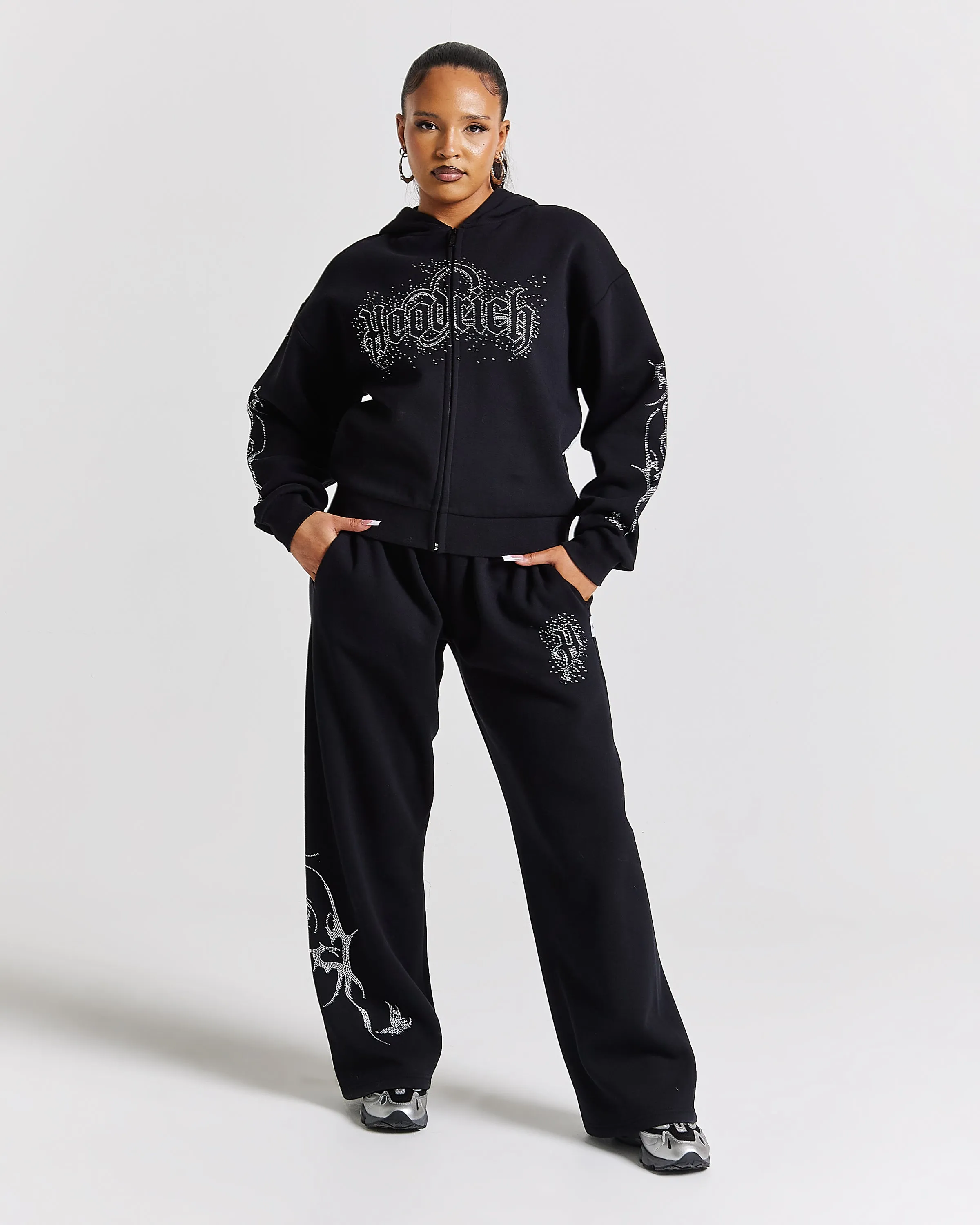 Diffuse Oversized Wide Leg Jogger - Black/Rhinestones sold by Hoodrich