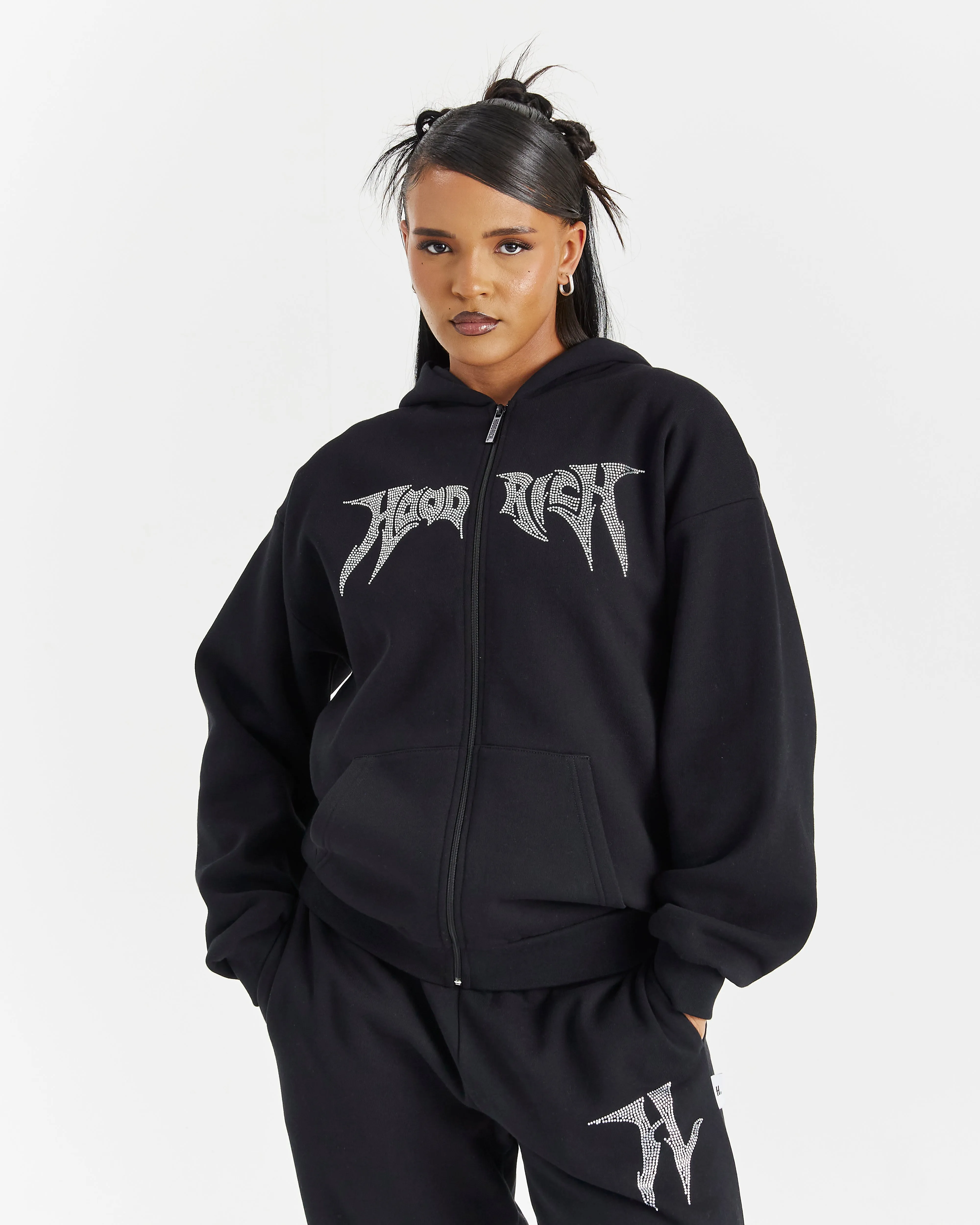 Lustre Oversized Zip Hoodie - Black/Rhinestone sold by Hoodrich
