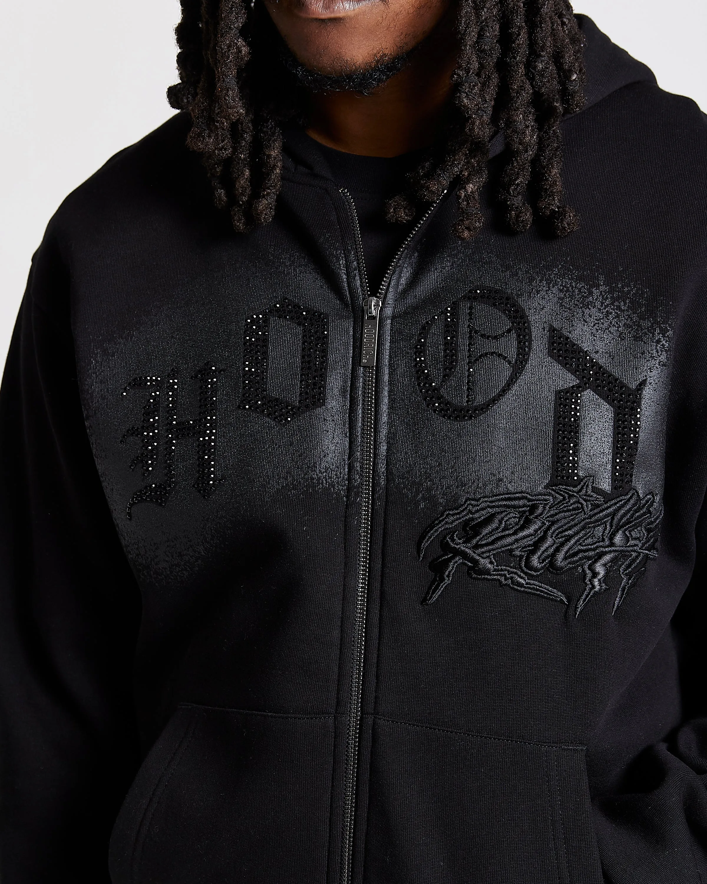 Iron Oversized Zip Hoodie - Black/Rhinestones sold by Hoodrich product image thumbnail 2