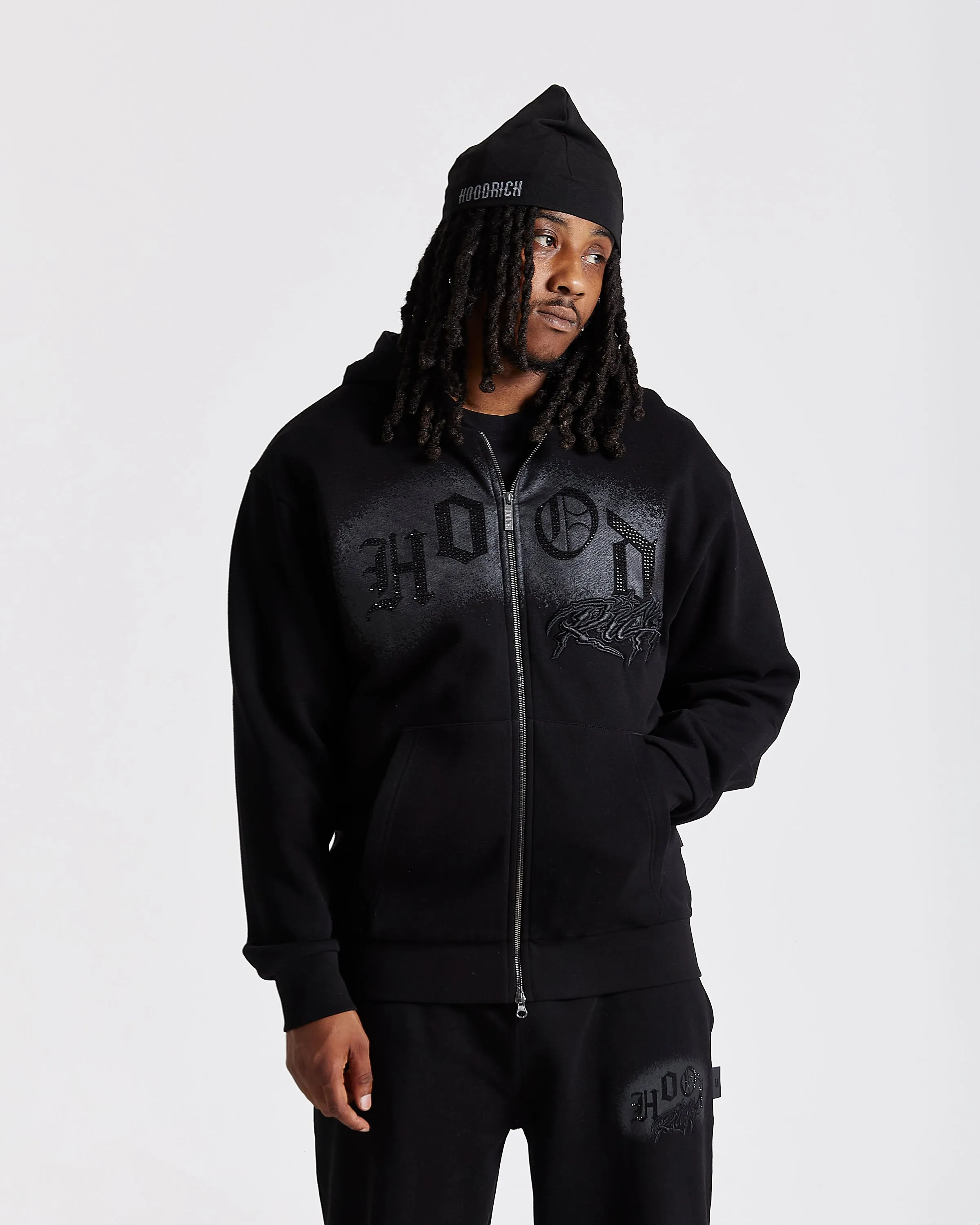 Iron Oversized Zip Hoodie - Black/Rhinestones sold by Hoodrich