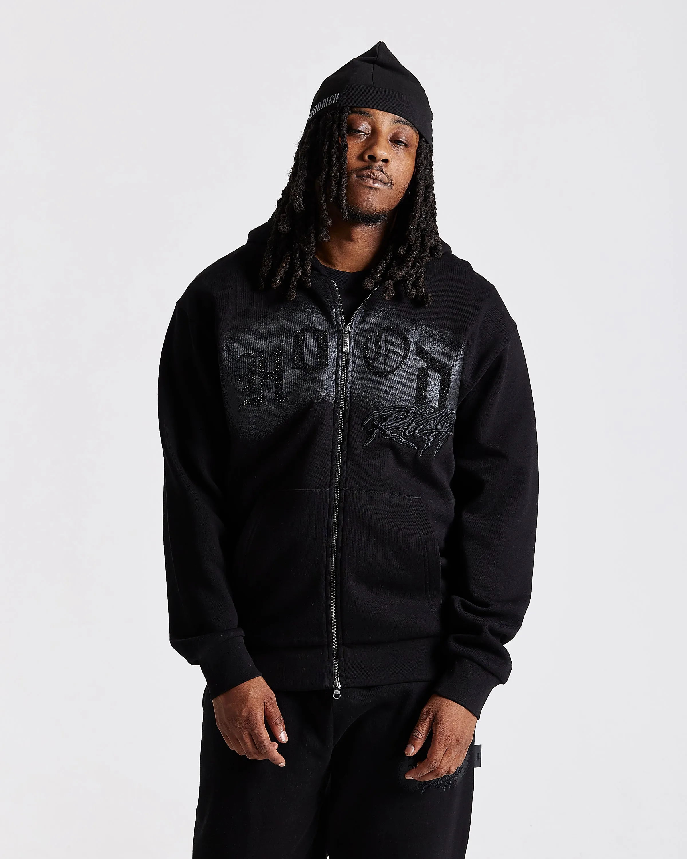 Iron Oversized Zip Hoodie - Black/Rhinestones sold by Hoodrich product image thumbnail 5