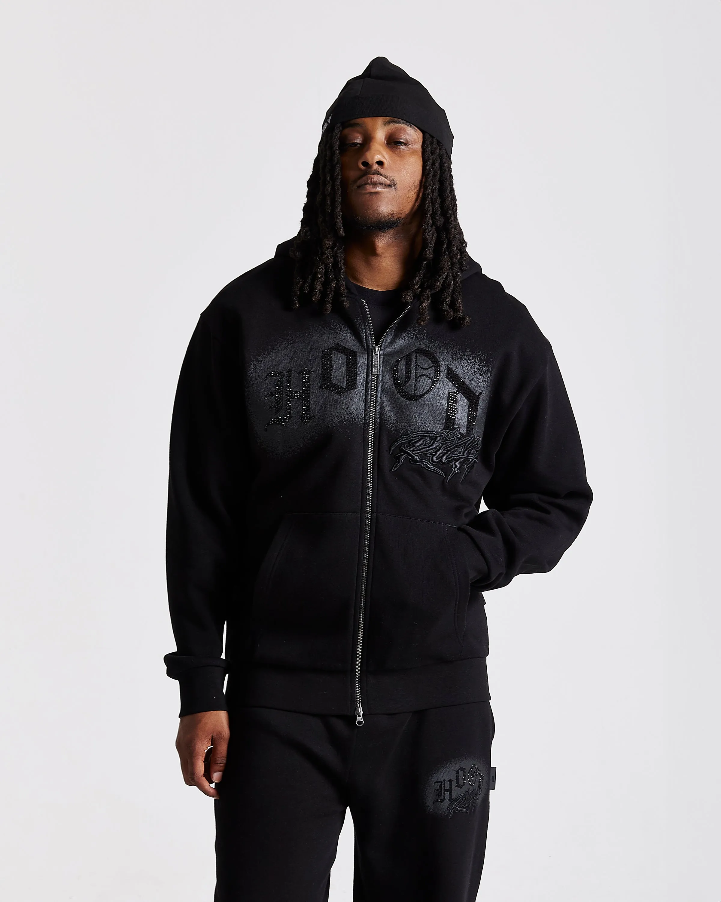 Iron Oversized Zip Hoodie - Black/Rhinestones sold by Hoodrich product image thumbnail 3