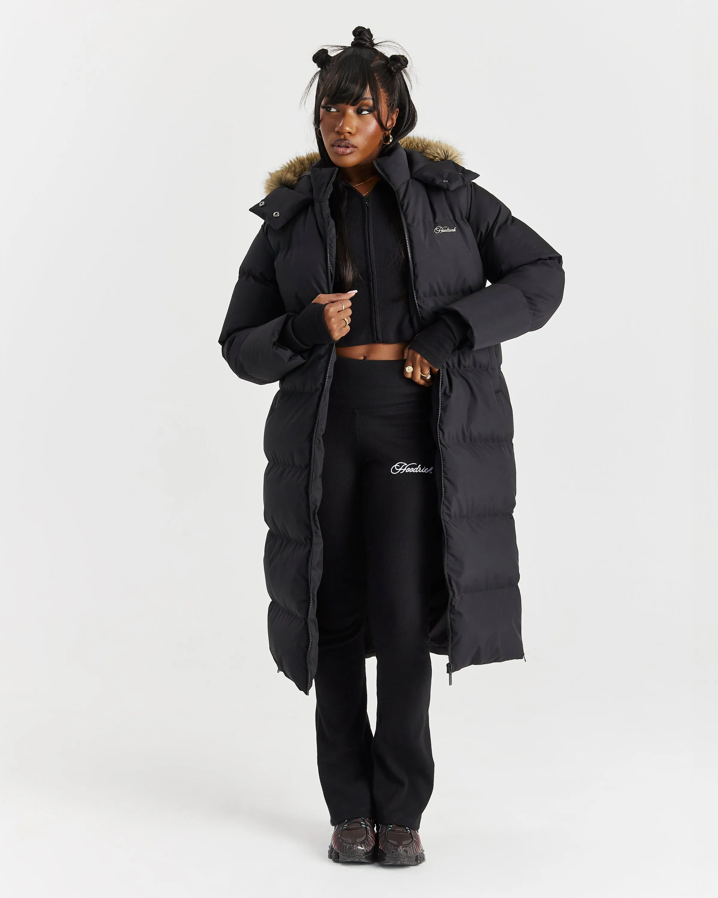 Script Hugo Longline Puffer - Black/Silver/Fur sold by Hoodrich