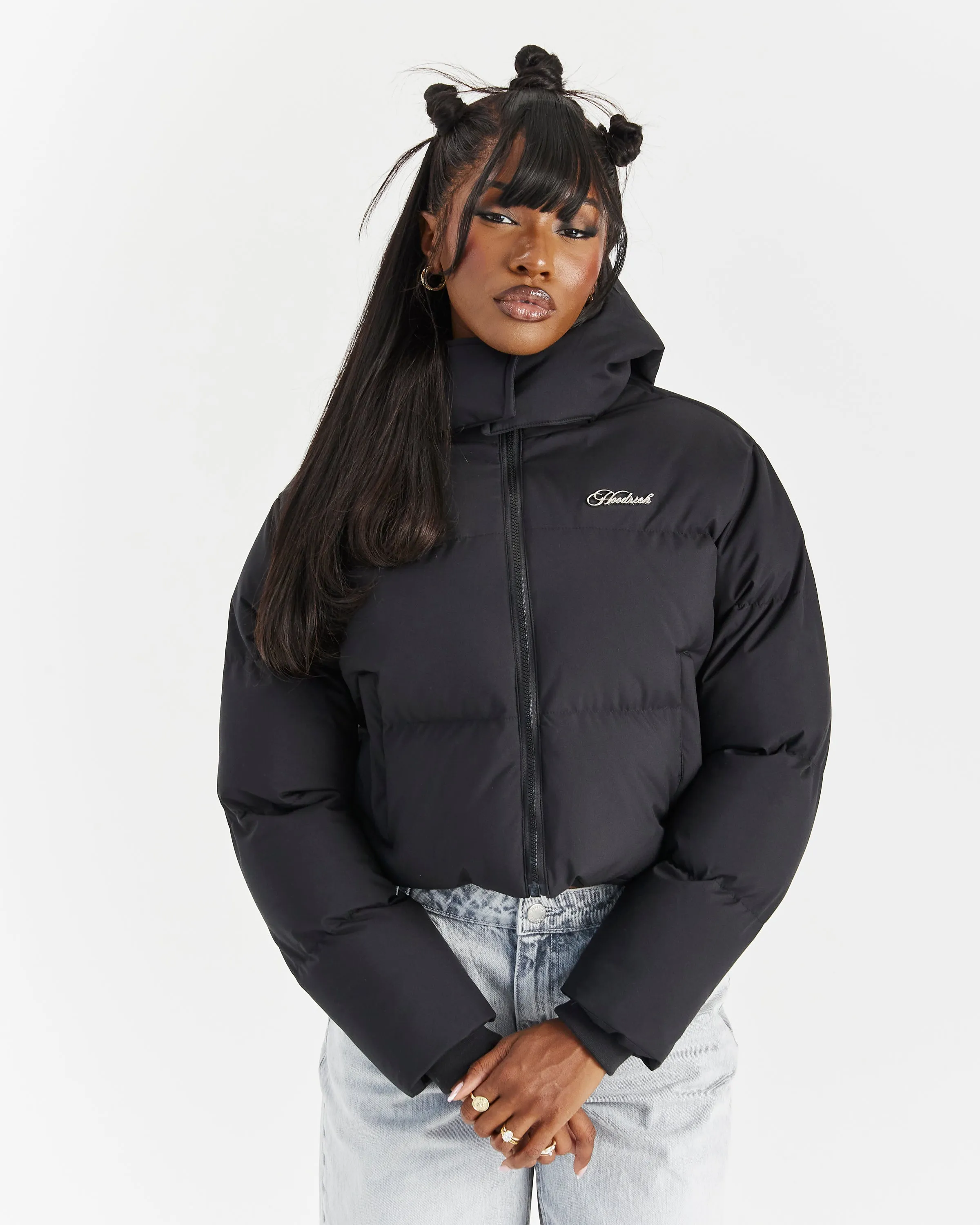 Script Hugo Cropped Puffer - Black/Silver sold by Hoodrich