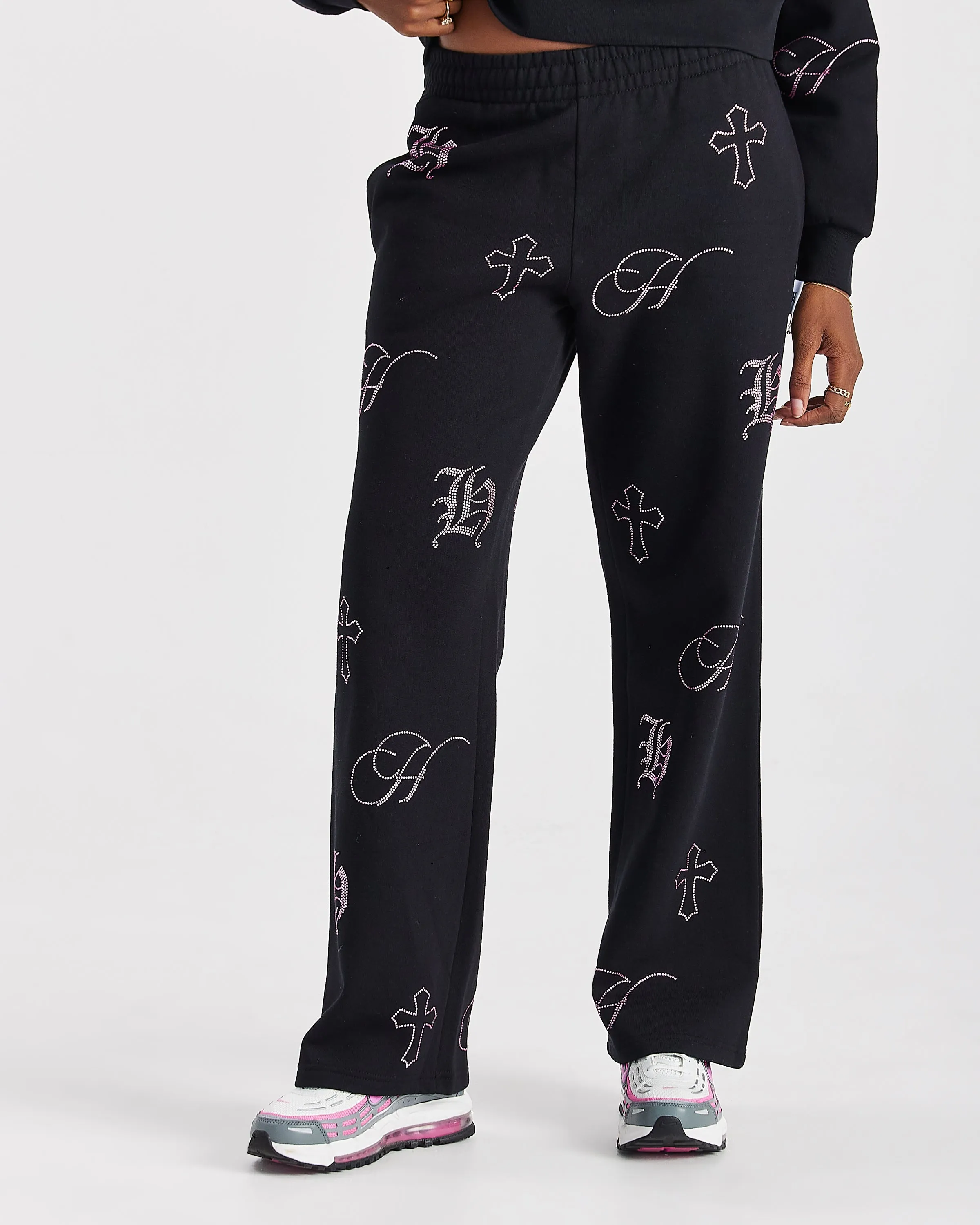 Crystal Wide Leg Jogger - Black/Pink Rhinestone sold by Hoodrich product image thumbnail 2