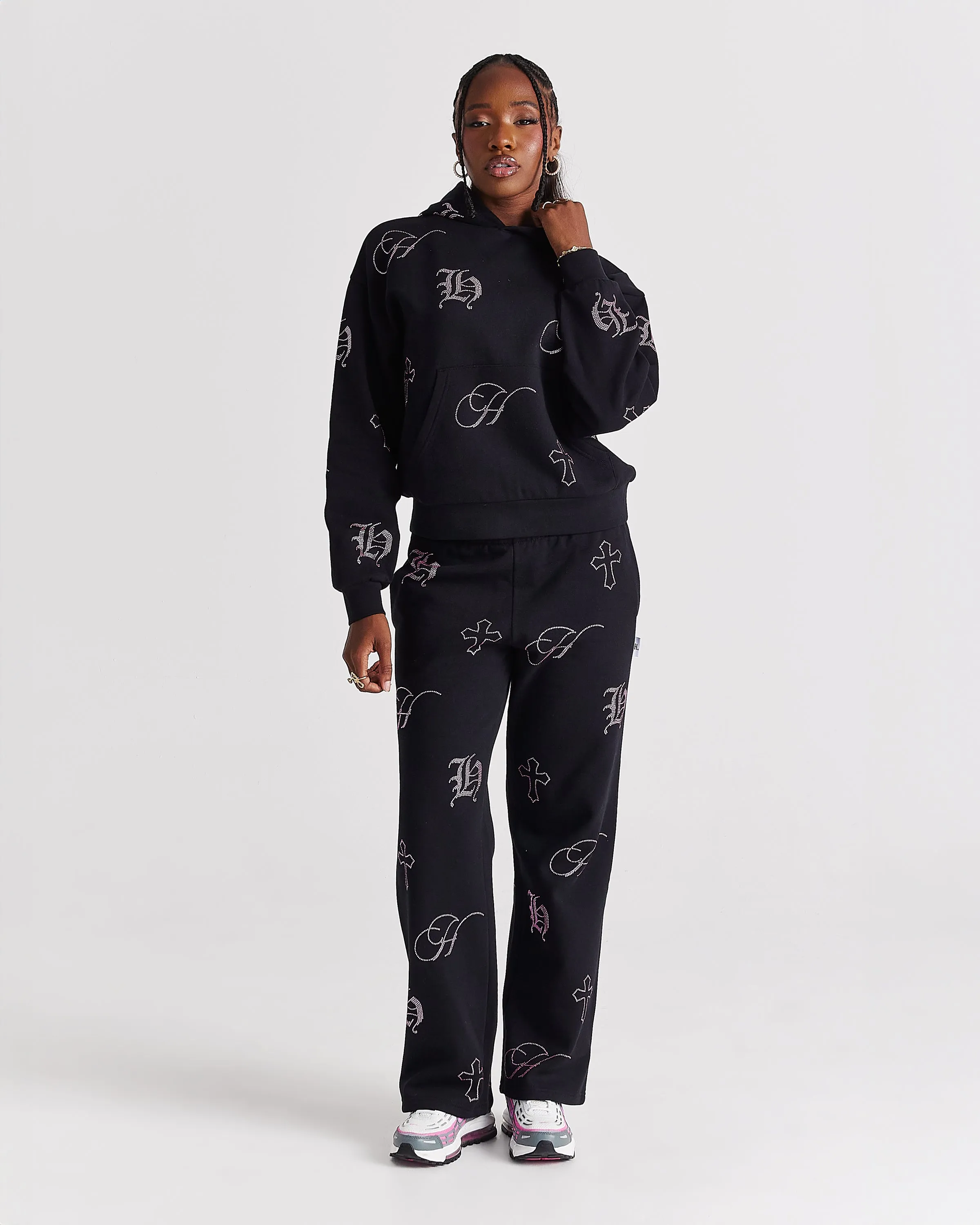 Crystal Wide Leg Jogger - Black/Pink Rhinestone sold by Hoodrich